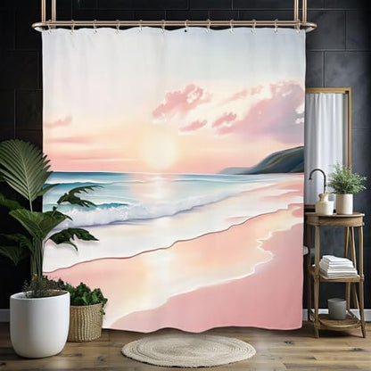 Miyotaa Pink Coastal Beach Shower Curtain Set 60Wx71H Inches Ocean Summer Landscape Scenery Waves Sunset Waterproof Bathroom Curtain with 12 Hooks