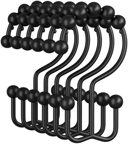 Amazer Shower Curtain Rings, Rust-Resistant Metal Double Shower Hooks for Curtain Rolling Shower Curtain Hooks Rings Shower Rings for Bathroom Shower Curtain Rod, Matte Black, Set of 12 Rings