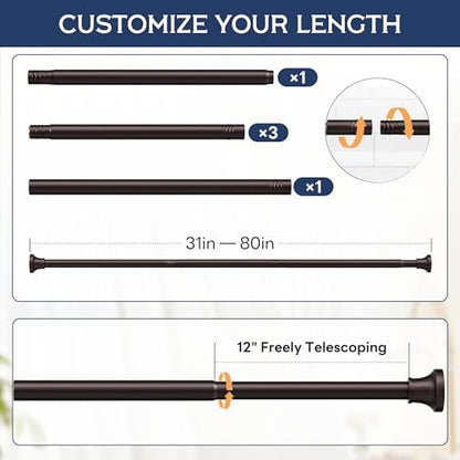 Adjustable Shower Curtain Rod 31-80 Inch, Never Rust Stainless Steel Brown Tension Rod, 1" Heavy Duty No-Drill for Bathroom, Kitchen & Closet