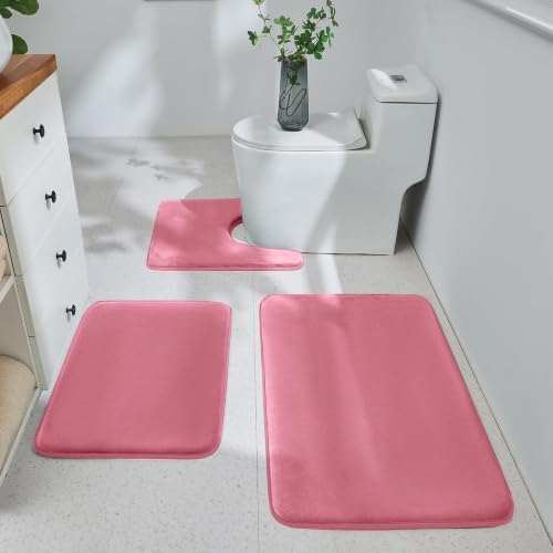 HUXMEYSON 3-Piece Memory Foam Bathroom Rug Set, Pink