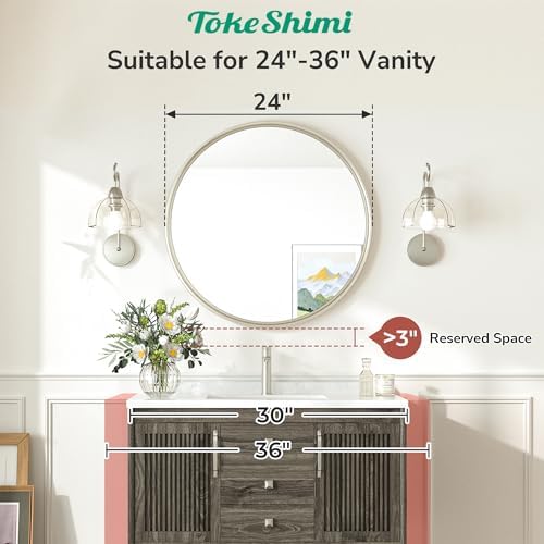 TokeShimi 24 Inch Circle Bathroom Mirror Brushed Nickel, Tempered Round Wall Mirror, Shatterproof 24x24 Hanging Wall Mirrored Farmhouse for Bedroom, Entryway, Restroom, Vanity, Living Room