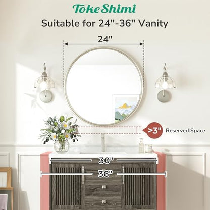 TokeShimi 24 Inch Circle Bathroom Mirror Brushed Nickel, Tempered Round Wall Mirror, Shatterproof 24x24 Hanging Wall Mirrored Farmhouse for Bedroom, Entryway, Restroom, Vanity, Living Room