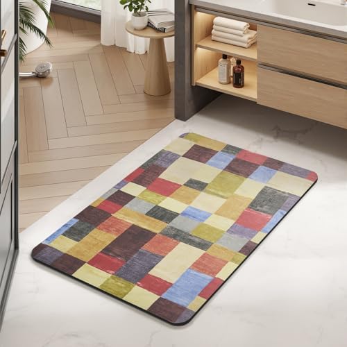 MontVoo -Bath Mat-Non Slip Thin Bathroom Rugs Fit Under Door- Quick Dry Absorbent Faux Suede Surface Grey Bathroom Floor Mats-Shower Rug for in Front of Bathtub Shower Retro Colors Plaid 17x27.5