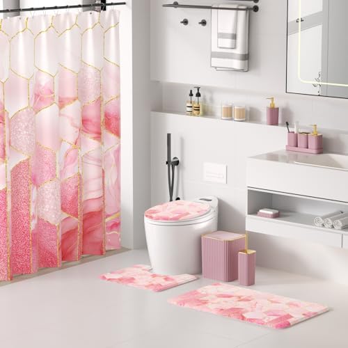 XLHOMO Bathroom Set - 26PC Bathroom Set with Shower Curtain and Rugs, Bathroom Accessory Set, Pink Bathroom Accessories Set, Trash Can & Soap Dispenser