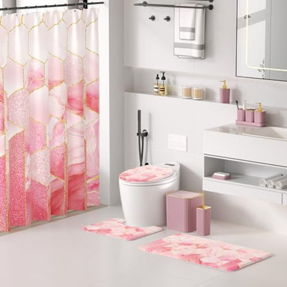 XLHOMO Bathroom Set - 26PC Bathroom Set with Shower Curtain and Rugs, Bathroom Accessory Set, Pink Bathroom Accessories Set, Trash Can & Soap Dispenser