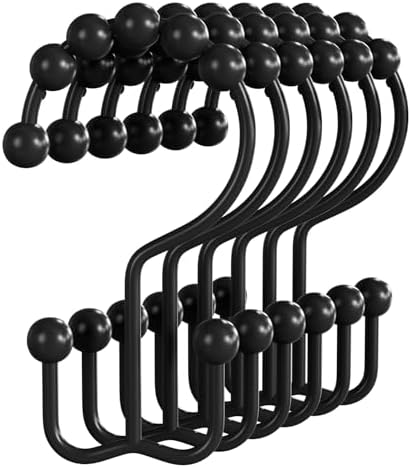 Bathway Shower Curtain Hooks Matte Black Shower Curtain Rings, 12 Pcs Double Hook Shower Curtain Hooks Rings Shower Curtain Hangers Rust Proof, Metal Shower Hooks for Bathroom Shower Curtain Rod