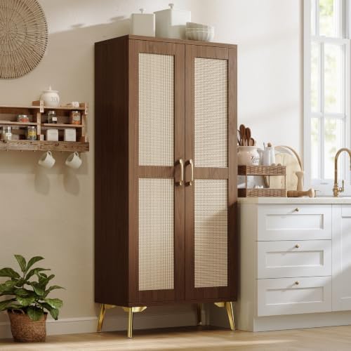 JASIWAY Tall Bathroom Storage Cabinet 57" Rattan Pantry Cabinet, Walnut