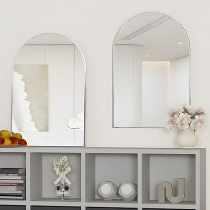 Wall Mounted Mirror, Arched Wall Mirror for Bathroom, 20"x30" Arch Bathroom Mirror with Metal Frame, 2 Pieces Silver Vanity Mirror Decor for Mantle, Bedroom, Entryway