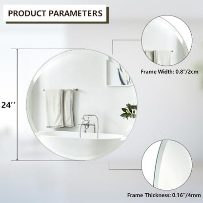 32 Inch Frameless Round Bathroom Mirror, Beveled Edge Wall Mirror, Modern Elegant Vanity Mirror for Bathroom Living Room Entryway