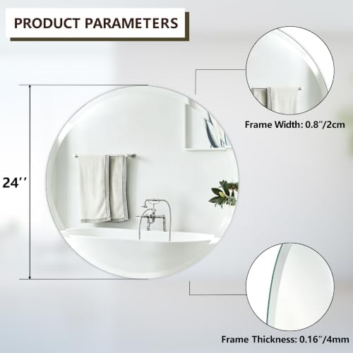 24 Inch Frameless Round Bathroom Mirror, Beveled Edge Wall Mirror, Modern Elegant Vanity Mirror for Bathroom Living Room Entryway