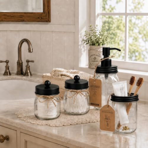 SheeChung Mason Jar Bathroom Accessories Set,6Pcs Rustic Bathroom Set,Black