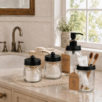 SheeChung Mason Jar Bathroom Accessories Set,6Pcs Rustic Bathroom Set,Black