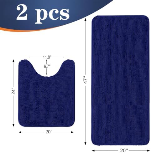 OLANLY Chenille Bathroom Rugs Mats Sets 2 Piece, 47"x20"+24"x20", Navy