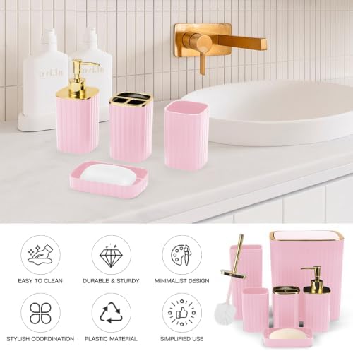 6PCS Bathroom Accessories Set, Pink Bathroom Set for Boho Decor