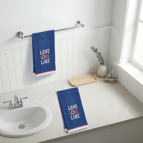 Ritz 2-Piece Cotton Velour Bathroom Hand Towel Set, Embroidered Live Love Lake Design, Soft Navy Blue Nautical Decorative Towels for Lake House, Cottage, Cabin Decor, 16” x 26”