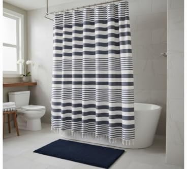 Serafina Home Denim Blue & White Striped Cotton Shower Curtain with Fringe