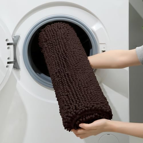 HOMEIDEAS Brown Chenille Bathroom Rugs Set of 3, Non Slip Bath Mat