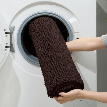 HOMEIDEAS Brown Chenille Bathroom Rugs Set of 3, Non Slip Bath Mat