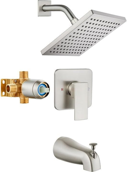 Heyalan 8-Inch Shower Faucet Set with Tub Spout and Valve,Brushed Nickel | 8-inch square rainfall head, tub spout with diverter, male-thread rough-in valve, single-handle control and wall-mount design