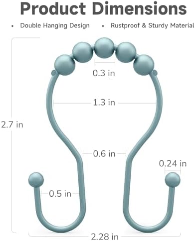 Bathway Shower Curtain Hooks, Shower Curtain Rings Rust Proof Double Hook Shower Curtain Hooks, 12 Pcs Shower Hooks for Shower Curtain, Shower Rings for Curtain, Metal Shower Rod Hooks Lightcyan