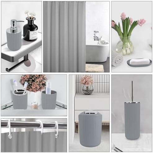 Grey Bathroom Accessories Set, 10Pcs Bathroom Accessory Sets Complete with Trash Can, Shower Curtain, Vanity Tray, Soap Dispenser, Soap Dish, Toothbrush Holder&Cup, Toilet Brush&Holder, Qtip Holder