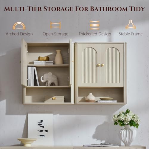 Bathroom Fluted Arched Wall Cabinet Set 2, 23.6''W Medicine Cabinet, Cream