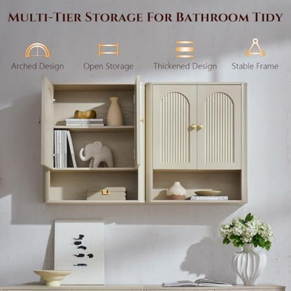 Bathroom Fluted Arched Wall Cabinet Set 2, 23.6''W Medicine Cabinet, Cream