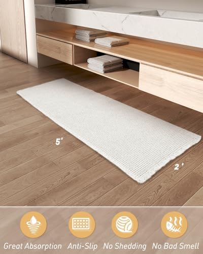 AMOAMI Waffle Runner Rug Super Absorbent Non Slip Bath Mats for Bathroom Floor, Machine Washable Bathroom Runner Rug with Tassels, Ideal for Hallway Bedroom Laundry Room, White, 2' x 5'(24" x 60")