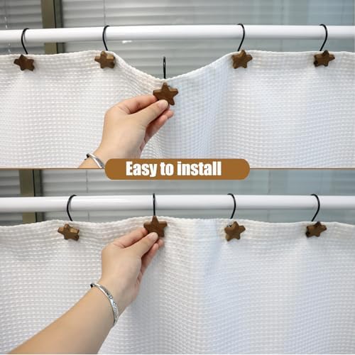 Shower Curtain Hooks, Wood Decorative Shower Curtain Rings, Modern Round Log Shower Curtain Hangers, 12PCS Shower Hooks for Shower Curtain Rod, Bedroom, Living Room (Star-Black)