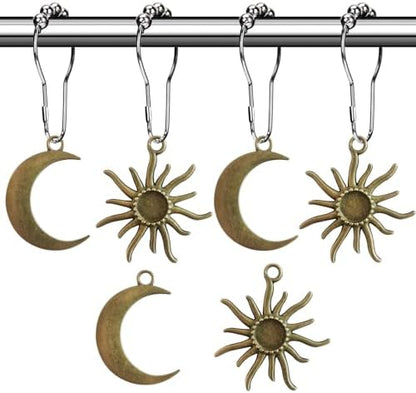 Sun Moon Celestial Shower Curtain Hooks Rings - Mid Century Abstract Boho Shower Curtain Hooks, Minimalist Vintage Cute Shower Hooks,Chic Mystic Fantasy Goth Nature Bathroom Decor