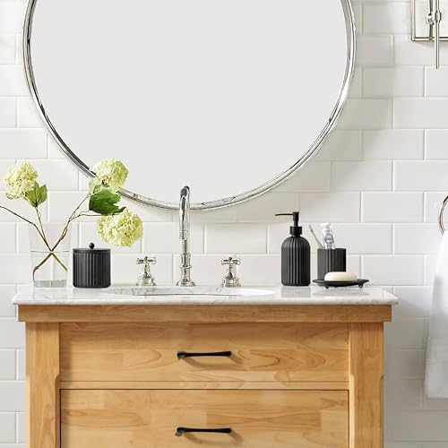 4PCs Heavy Weight Decent Glass Bathroom Accessories Set with Decorative Pressed Pattern - Includes Hand Soap Dispenser & Tumbler & Soap Dish & Toothbrush Holder (Black)