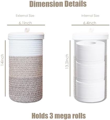 Toilet Paper Holder Handmade – Woven Cotton Toilet Paper Stand & Storage Basket with Lid, Freestanding Organizer for Bathroom, Fits 3 Mega Rolls Gradient Brown 14'' x 7''
