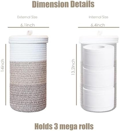 Toilet Paper Holder Handmade – Woven Cotton Toilet Paper Stand & Storage Basket with Lid, Freestanding Organizer for Bathroom, Fits 3 Mega Rolls Gradient Brown 14'' x 7''