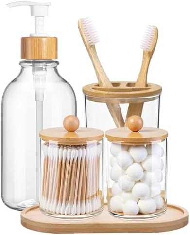 5 Pack Bamboo Bathroom Accessories Set with Tray - Plastic Soap Dispenser Clear Toothbrush Holder and 2 Qtip Holder Cotton Ball Container Jar