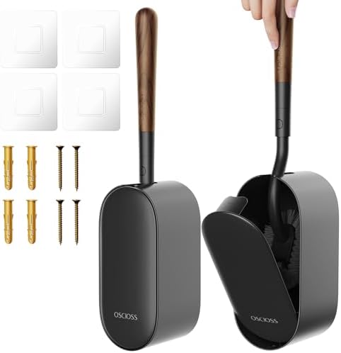 Toilet Bowl Brush and Holder, OSCIOSS Toilet Brush Set with Ergonomic Design, Compact Size, Durable Bristles, RV Toilet Brushes & Holders for Dead Corner Clean (Wood&Black, 2pack)