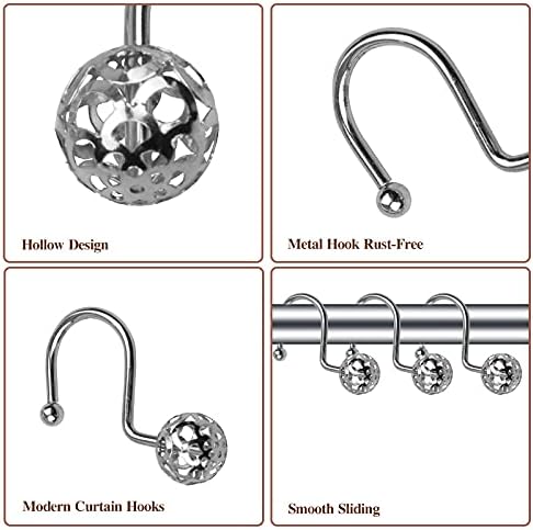 Gracelife 12Pcs Hollow Ball Shower Curtain Hooks Luxury Quality Rustproof Stainless Steel Shower Curtain Rings Hooks for Bathroom Rod (Chrome)