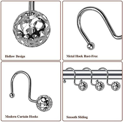 Gracelife 12Pcs Hollow Ball Shower Curtain Hooks Luxury Quality Rustproof Stainless Steel Shower Curtain Rings Hooks for Bathroom Rod (Chrome)