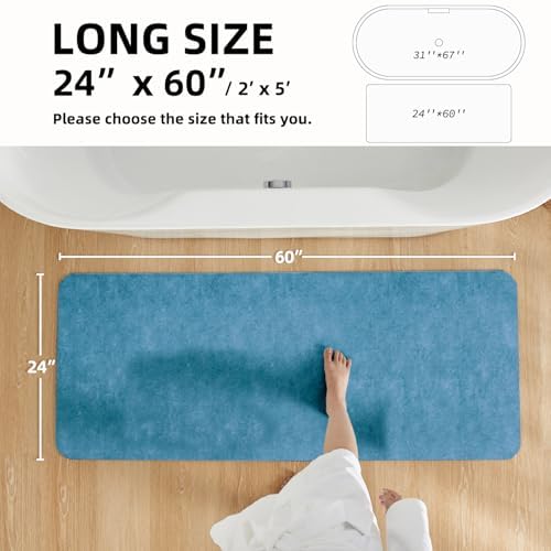 TYUU Thin Bath Mat Runner, Long Bathroom Rugs Non Slip 24x60 Denim Blue