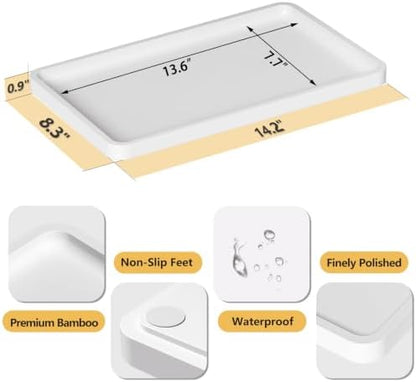 Weenson Bathroom Vanity Tray for Countertop Decor Perfume Makeup Toiletries Toilet Tank, Large Bamboo Kitchen Tray for Spice Salt, Serving Tray for Food Coffee, Nightstand Candle White 14.2”x8.3”