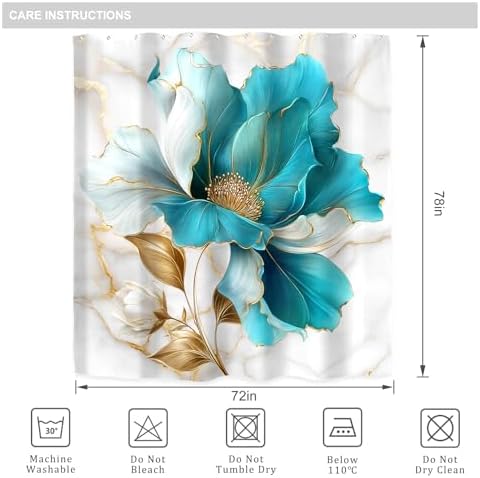 Teal Gold Marble Floral Abstract Turquoise Art Bathroom Shower Curtain Set