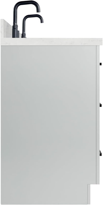 ARIEL Loren 72-inch Bathroom Vanity with Sink,Solid Wood, 1.5-inch Carrara White Quartz Countertop, Double Rectangular Porcelain Sink, 4 Soft Closing Doors, 3 Dovetail Drawers, Grey