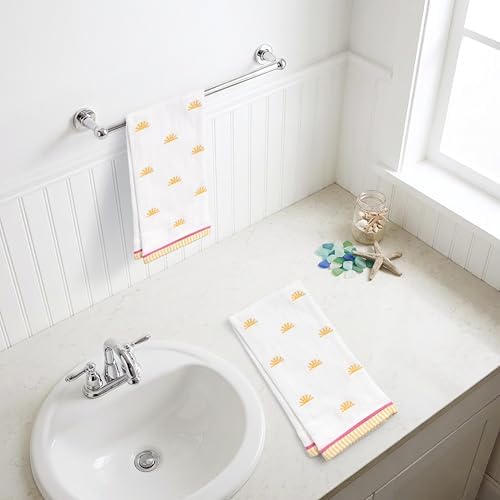 Ritz 2-Piece Cotton Velour Bathroom Hand Towel Set, Embroidered Sun Allover Pattern, Soft White Decorative Towels with Yellow & Pink Striped Border, Bath Decor, 16” x 26”