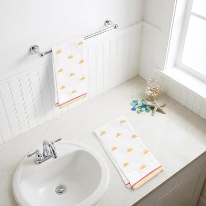 Ritz 2-Piece Cotton Velour Bathroom Hand Towel Set, Embroidered Sun Allover Pattern, Soft White Decorative Towels with Yellow & Pink Striped Border, Bath Decor, 16” x 26”