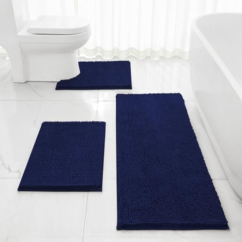 HOMEIDEAS Navy Blue Long Chenille Bathroom Rugs Set of 3, Non Slip Bath Mat