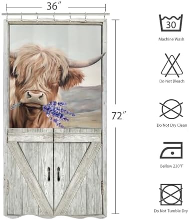 Stall Bull Highland Cow Shower Curtain 36Wx72L Inch Funny Barn Door Small Half Narrow Farmhouse Rustic Wood Wooden Vintage Animal Bathroom Set Accessories Decor with Plastic Hooks