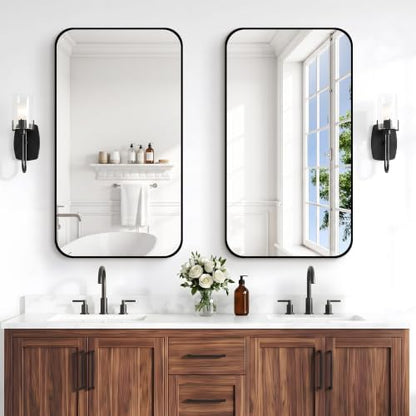 BONEWEI 20x36 inch Bathroom Mirror,Black Rectangle Mirror,Wall Mounted Bathroom Frame Vanity Mirror with Round Corner for Bedroom Living Room,Entryway Hangs Horizontal or Vertical