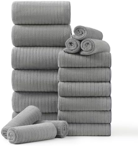 Hailea 18 Piece Family Bath Towel Set Include 6 Bath Towels,6 Hand Towels and 6 Washcloths Soft Bathroom Towel with Hanging Loops,Highly Absorbent Quick Dry Towels Set for Bathroom,Hotel and Spa-Grey