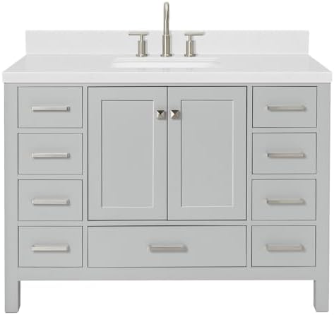 ARIEL Cambridge 48-inch Bathroom Vanity with Sink,Solid Wood, 1.5-inch Carrara White Quartz Countertop, Single Rectangular Porcelain Sink, 2 Soft Closing Doors, 9 Dovetail Drawers, Grey