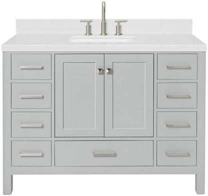 ARIEL Cambridge 48-inch Bathroom Vanity with Sink,Solid Wood, 1.5-inch Carrara White Quartz Countertop, Single Rectangular Porcelain Sink, 2 Soft Closing Doors, 9 Dovetail Drawers, Grey