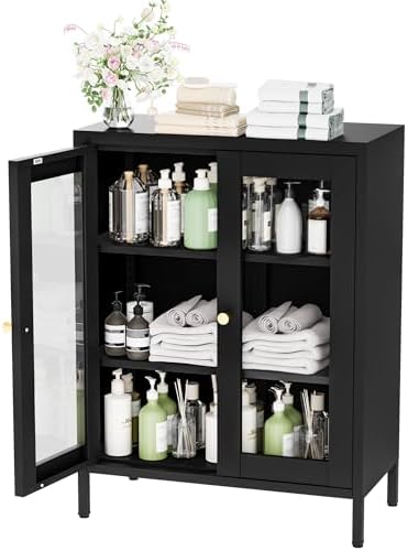 YAUWOH Metal Bathroom Cabinet with Glass Doors,Bathroom Floor Storage Cabinet with 2 Adjustable Shelves & 2 Doors, Sideboard for Small Spaces, Living Room, Dining Room, Home Office